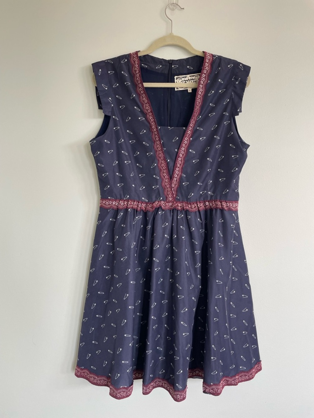 Flirty Pink Martini Navy Blue Safety Pin Dress with Mauve Lace Trim - Lg